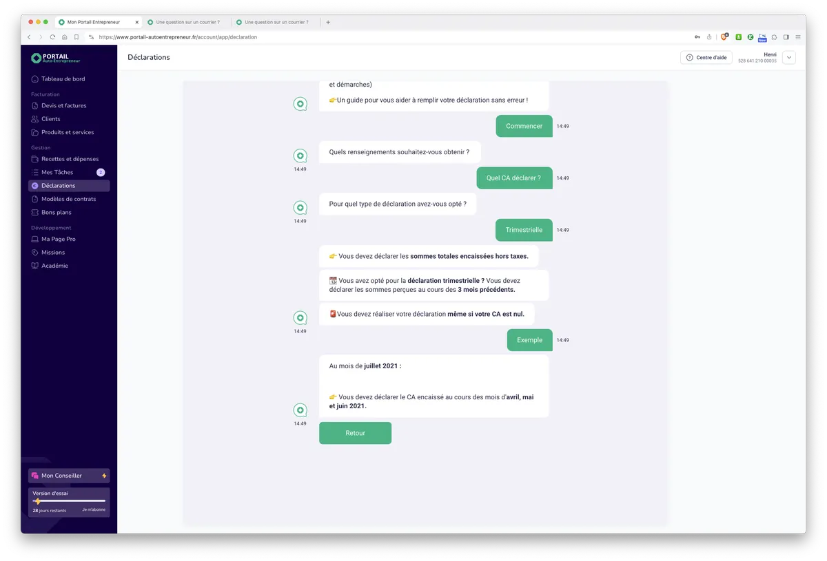 Mon Portail par Portail Auto-Entrepreneur : fonctionnalités chatbot aide à la déclaration 1