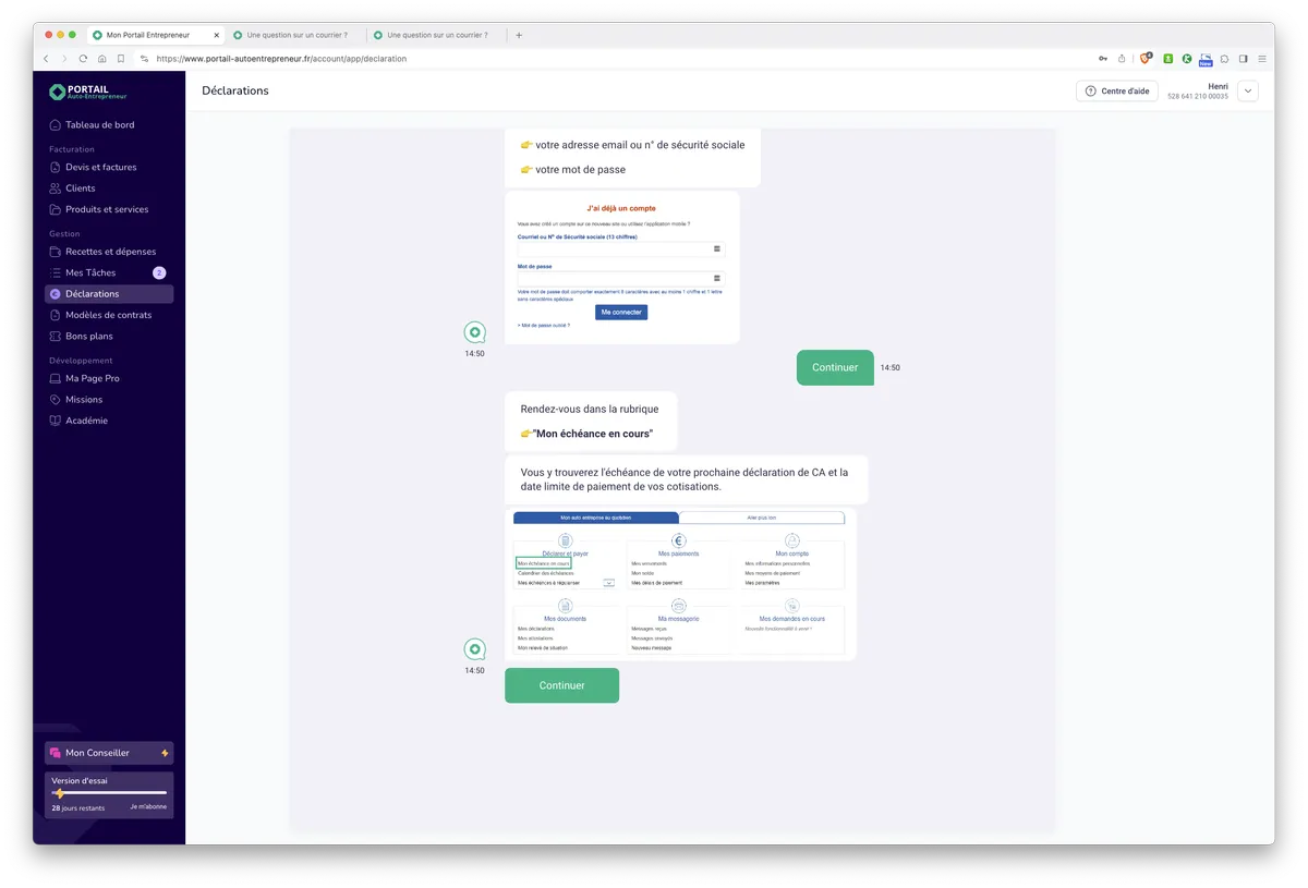 Mon Portail par Portail Auto-Entrepreneur : fonctionnalités chatbot aide à la déclaration 2
