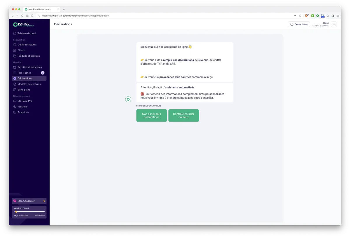 Mon Portail par Portail Auto-Entrepreneur : fonctionnalités chatbot