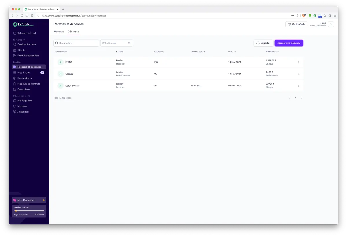 Mon Portail par Portail Auto-Entrepreneur : fonctionnalités comptabilité dépenses