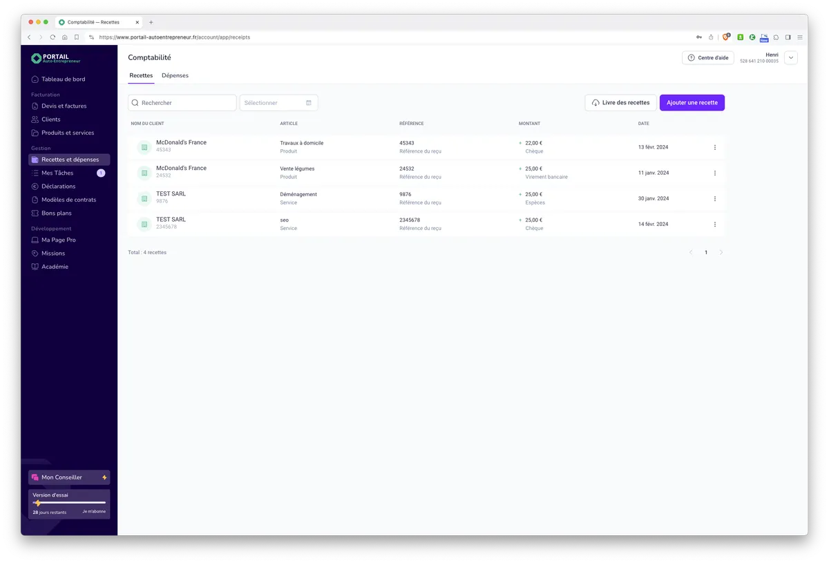 Mon Portail par Portail Auto-Entrepreneur : fonctionnalités comptabilité recettes