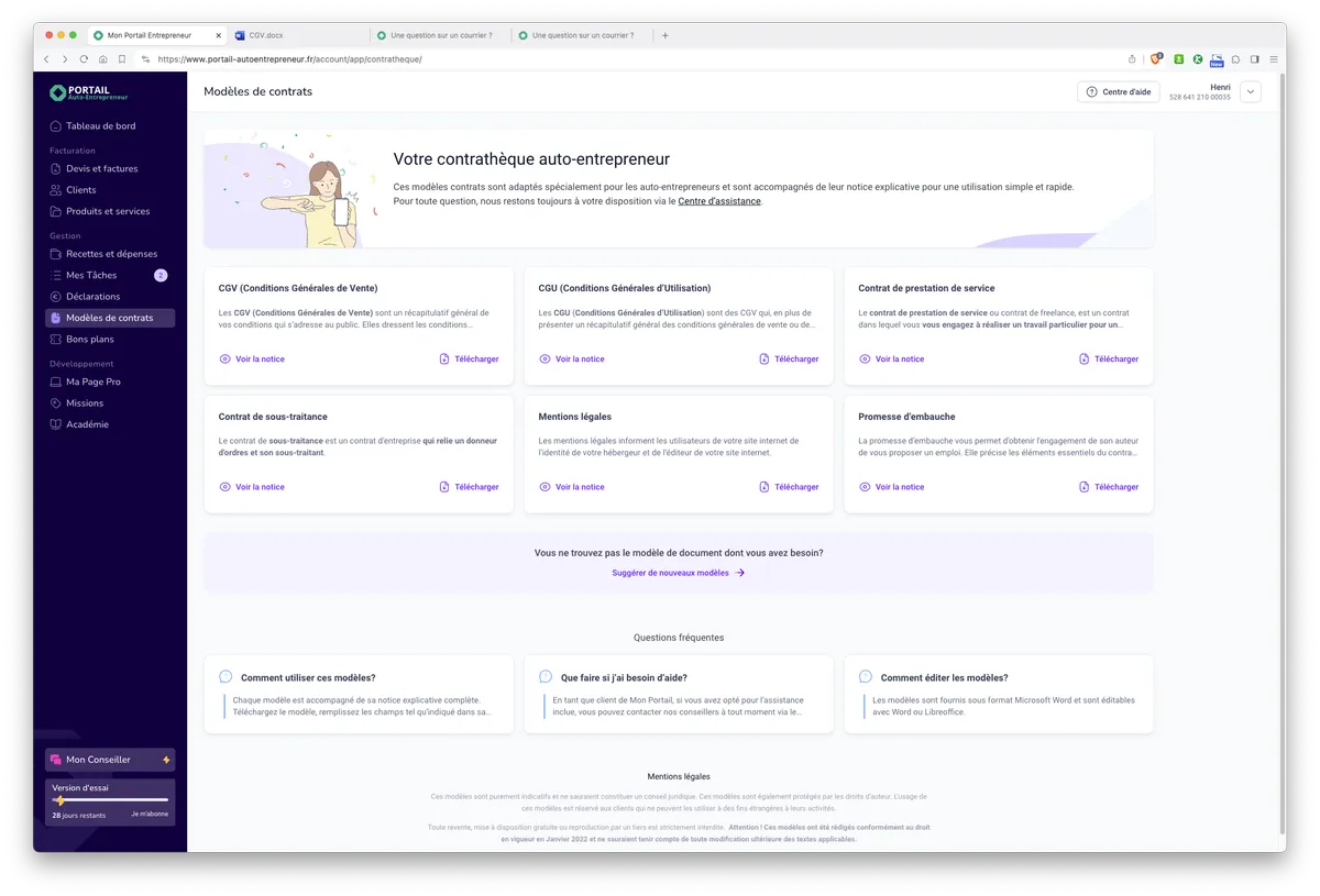 Mon Portail par Portail Auto-Entrepreneur : fonctionnalités contrats 1