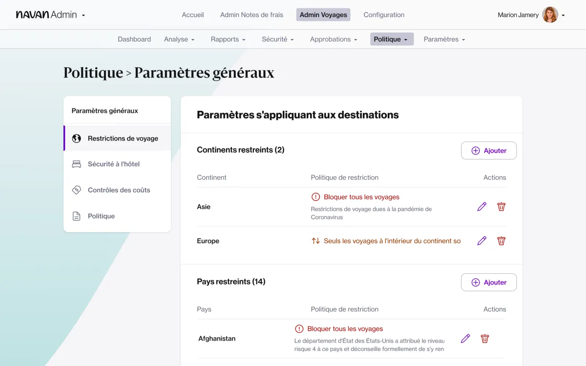 navan interface parametrages