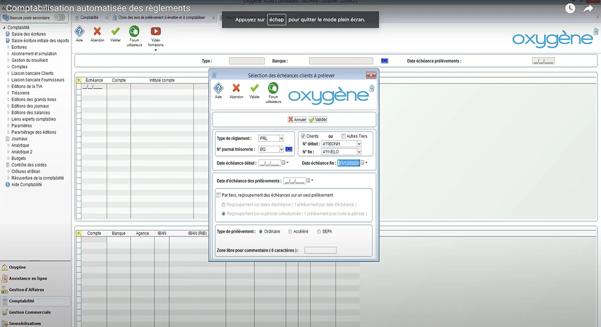 Oxygène Comptabilité : interface échéances clients
