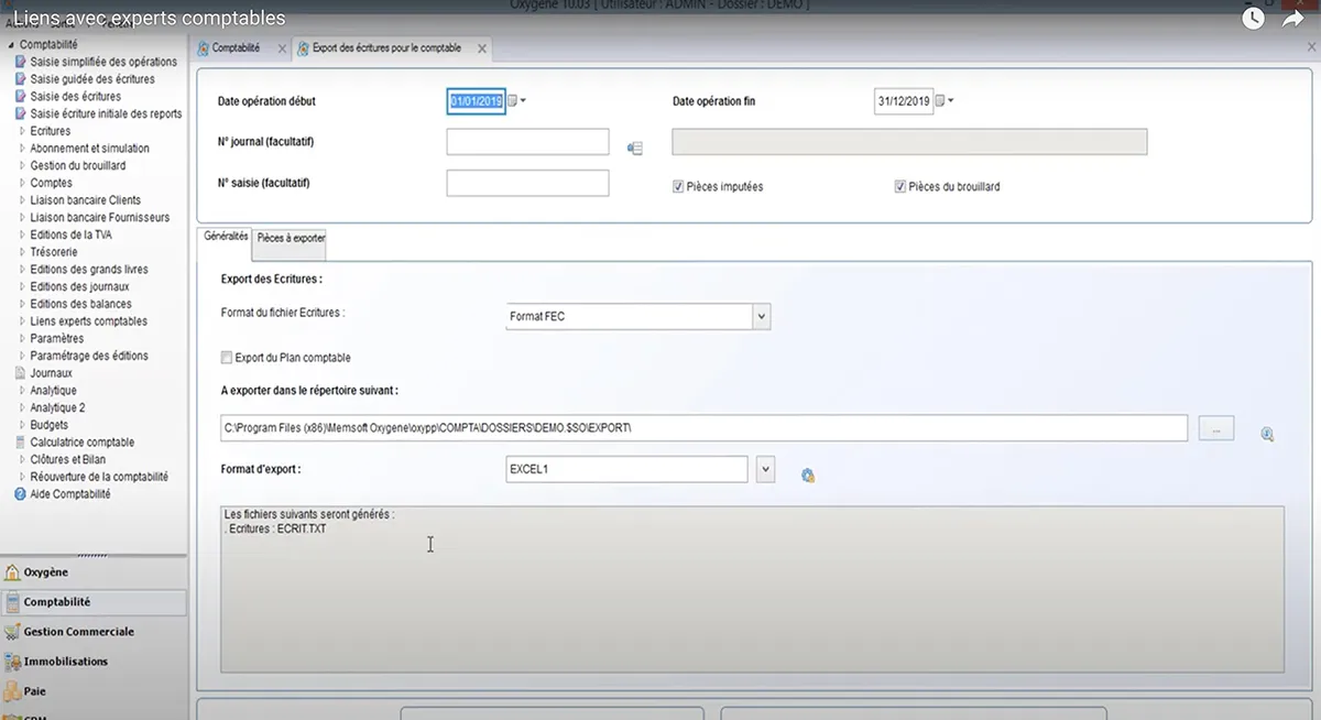 Oxygène Comptabilité : interface export écritures