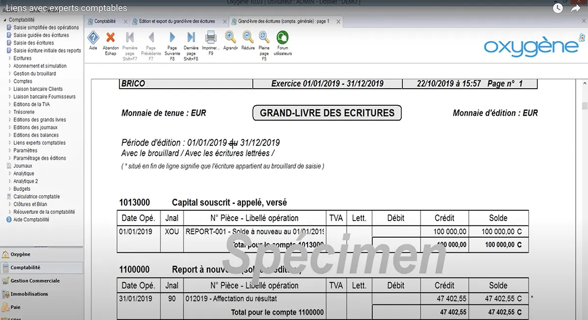 Oxygène Comptabilité : interface grand livre écritures