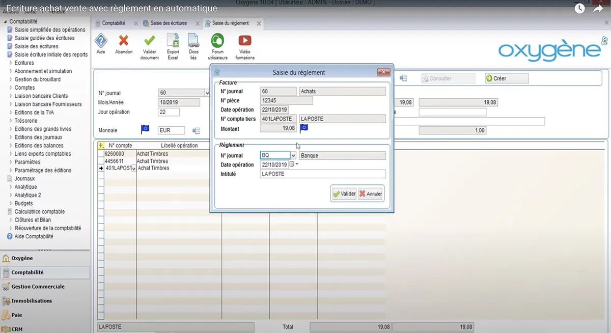 Oxygène Comptabilité : interface saisie règlement