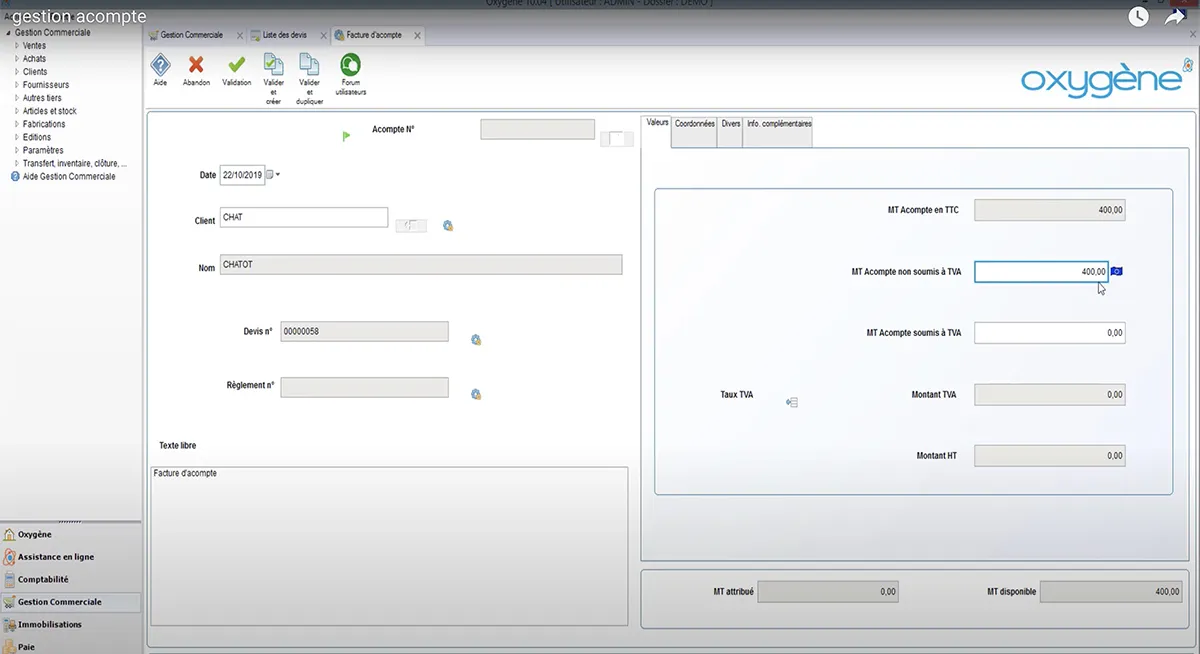 Oxygène Gestion Commerciale : interface facture acompte Oxygène Gestion Commerciale : interface facture acompte
