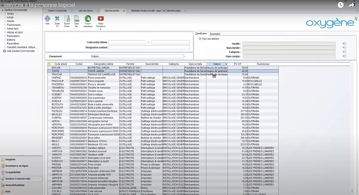 Oxygène Gestion Commerciale : interface liste articles Oxygène Gestion Commerciale : interface liste articles