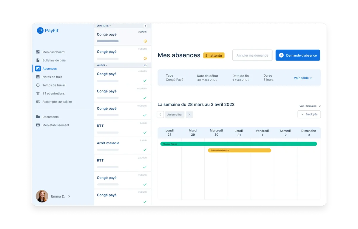 PayFit : Interface gestion des absences
