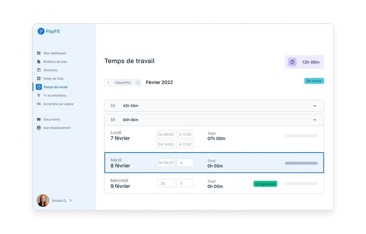 PayFit : Interface gestion des temps