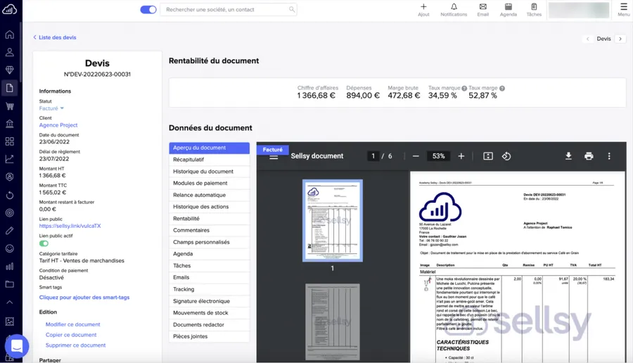 Sellsy Facturation & Gestion : interface créer un devis