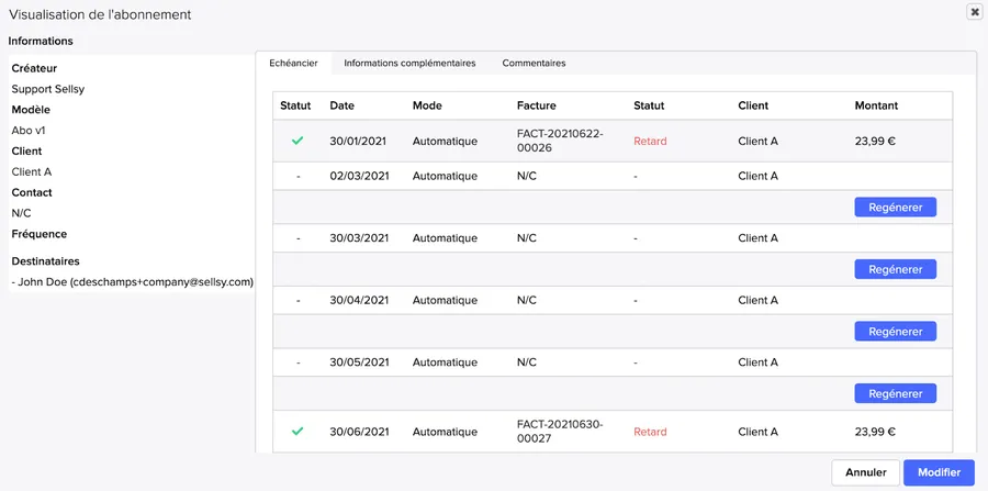 Sellsy Facturation & Gestion : interface facture récurrente