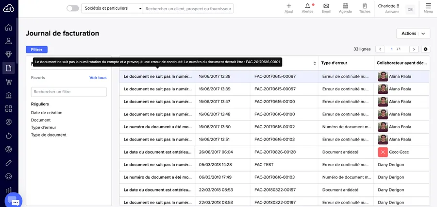 Sellsy Facturation & Gestion : interface journal de facturation