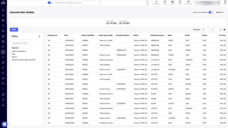 Sellsy Facturation & Gestion : interface journal des ventes