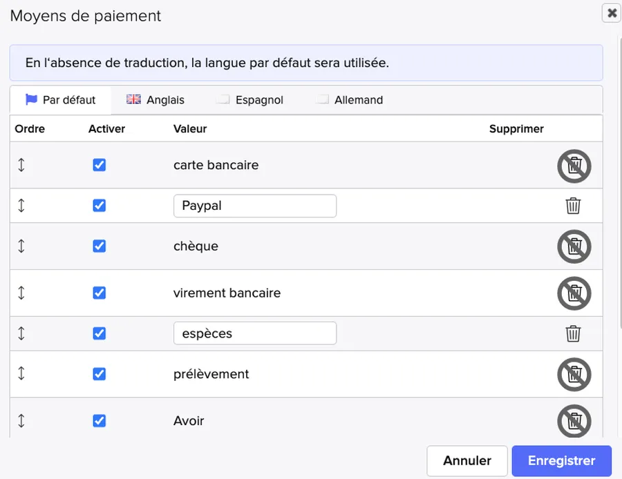Sellsy Facturation & Gestion : interface moyens de paiement