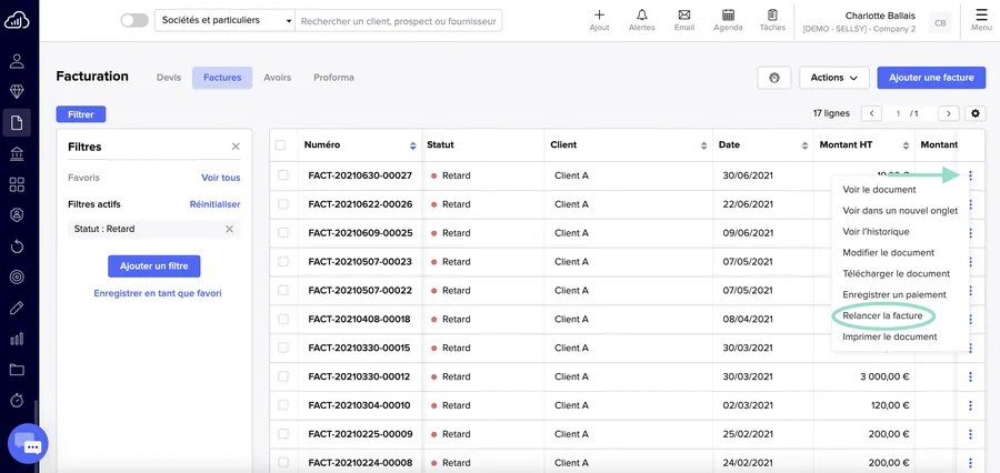 Sellsy Facturation & Gestion : interface relance factures
