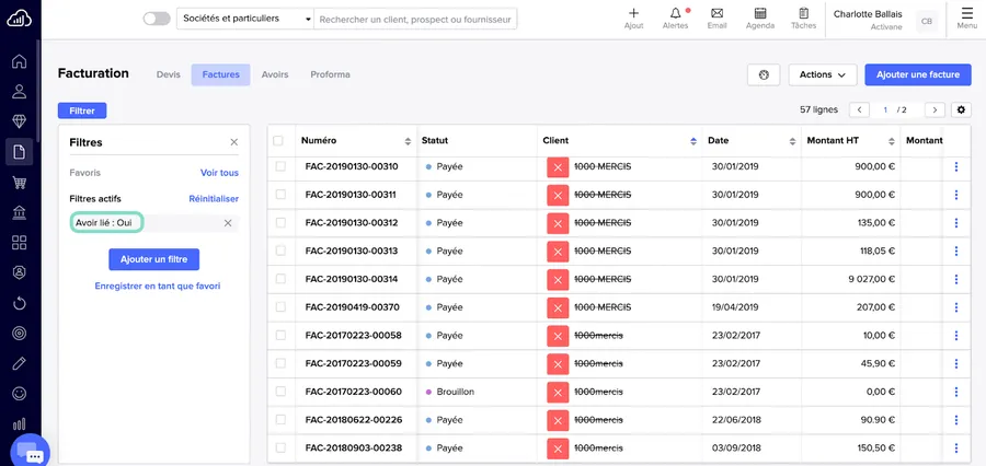 Sellsy Facturation & Gestion : interface statuts des factures