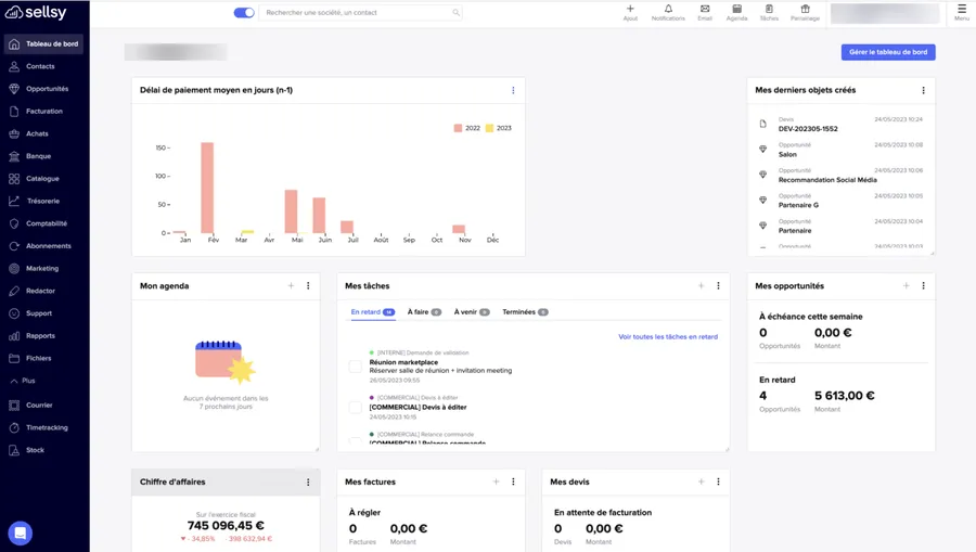 Sellsy Facturation & Gestion : interface tableau de bord