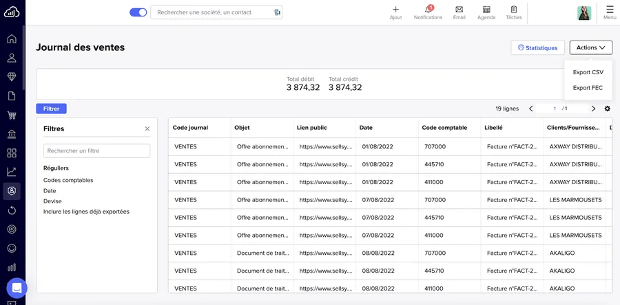 Sellsy : fonctionnalité journal des ventes