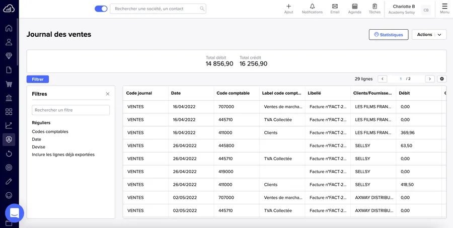 Sellsy : interface journal des ventes