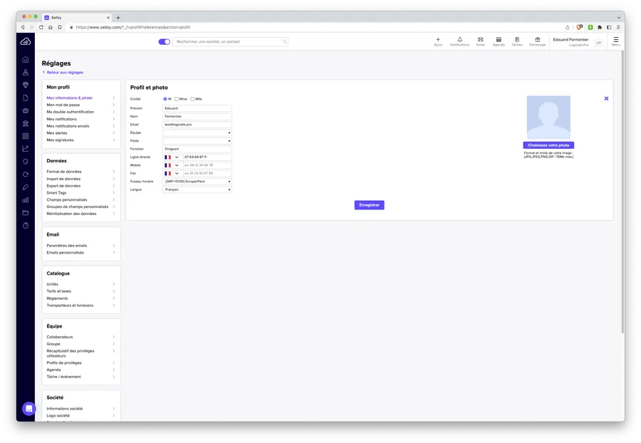 Sellsy : interface paramètres