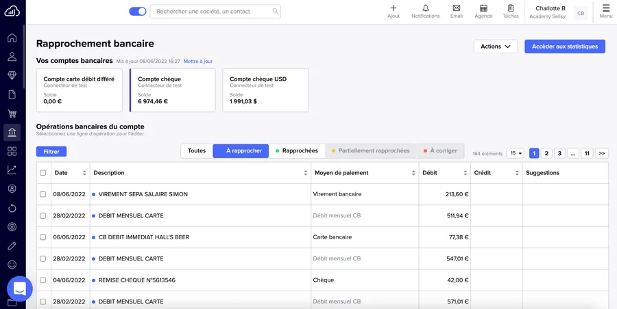 Sellsy : interface rapprochement bancaire