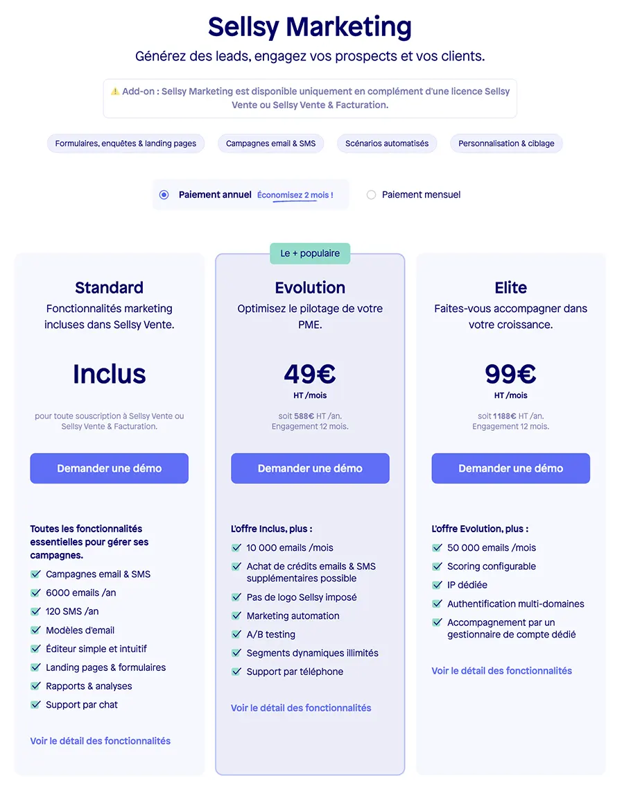 Sellsy Marketing : prix Sellsy Marketing : prix