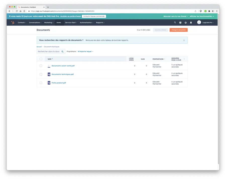 Service Hub : fonctionnalité gestion documentaire