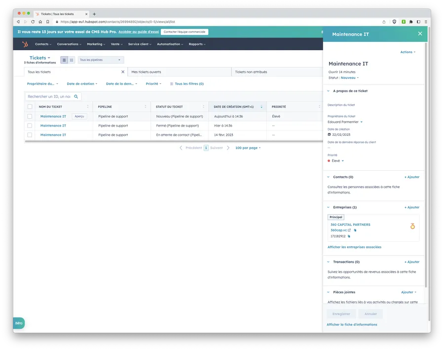 Service Hub : fonctionnalité ticketing
