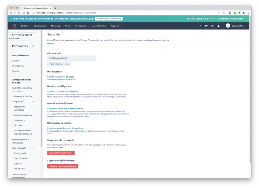 Service Hub : interface des paramètres de personnalisation