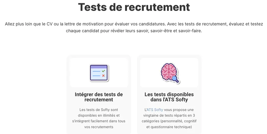 Softy : fonctionnalités tests de recrutement