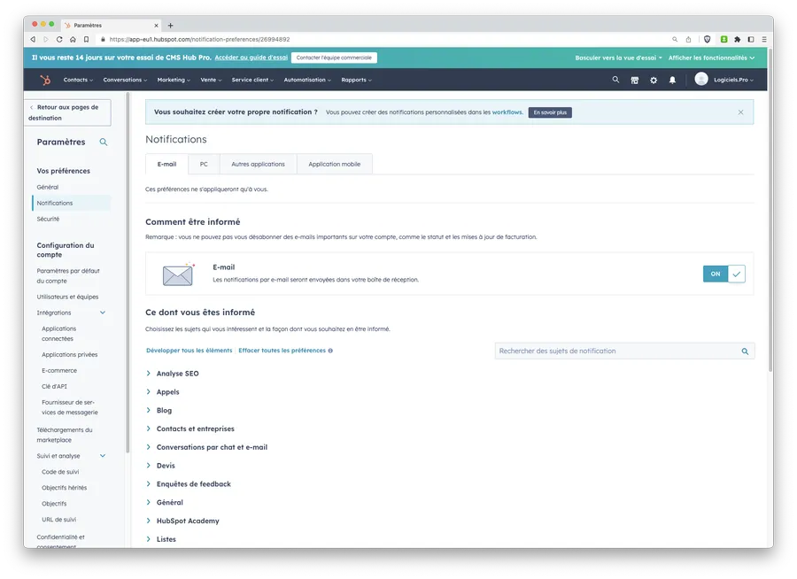 Suite CRM de HubSpot : interface des paramètres de personnalisation