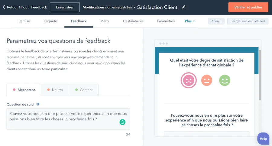 Suite CRM de HubSpot : interface de HubSpot : enquête de satisfaction