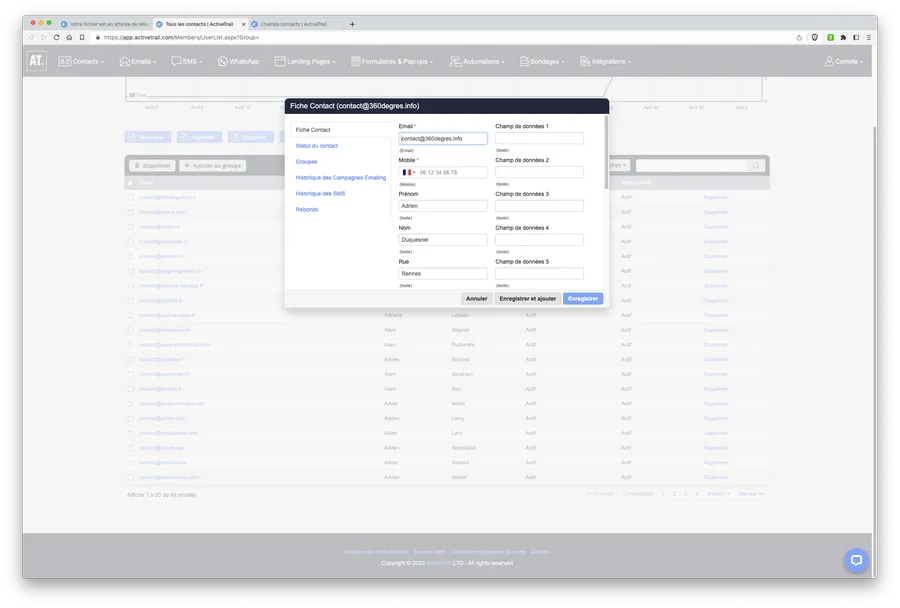 Test d'ActiveTrail : emailing : fiche contact & import manuel Test d'ActiveTrail : emailing : fiche contact & import manuel