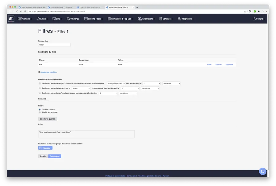 Test d'ActiveTrail : emailing : gestion des filtres Test d'ActiveTrail : emailing : gestion des filtres