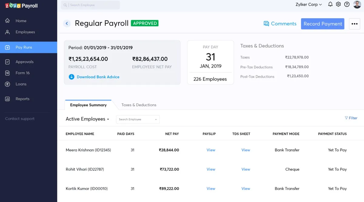 Zoho Payroll : avis des utilisateurs, avantages & inconvénients de ce logiciel de paie