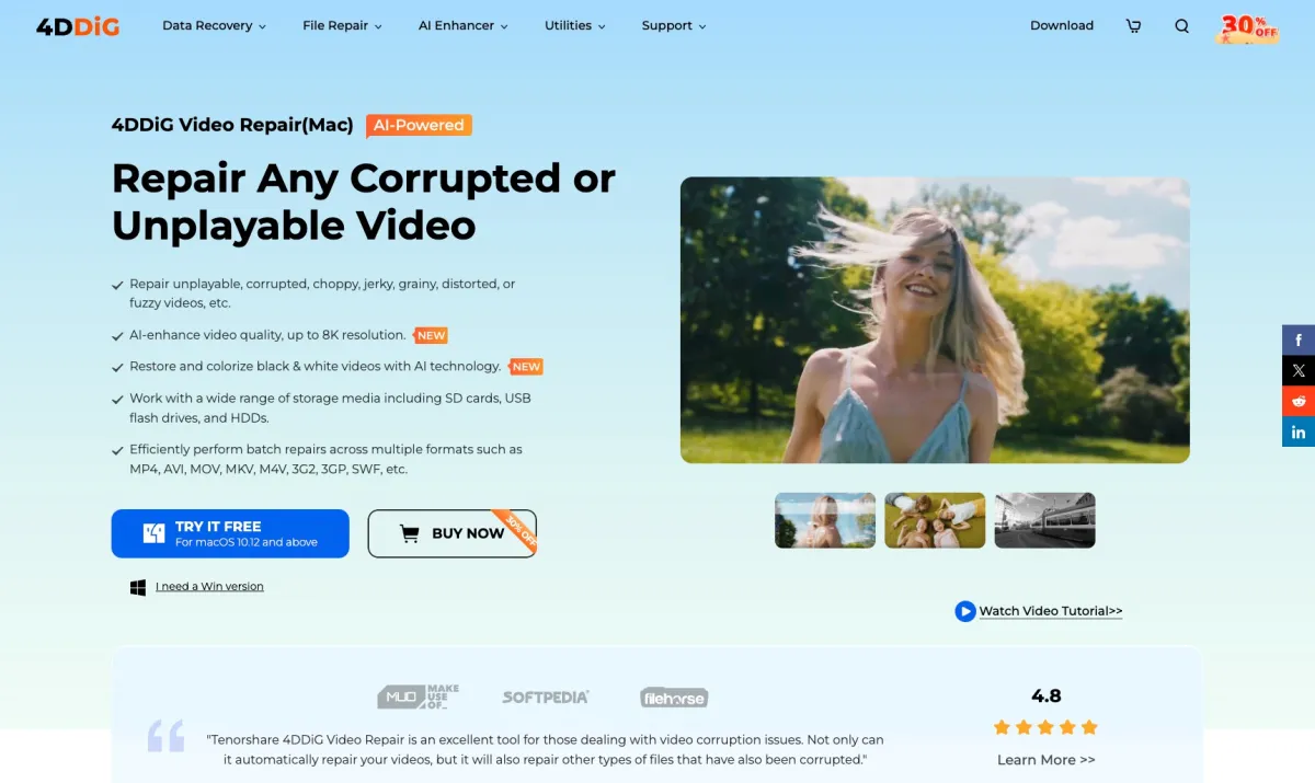 Interface 4DDiG Video Repair : fonctionnalités, prix, alternatives