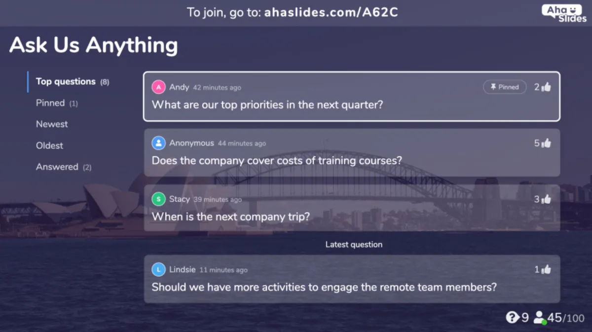 Interface AhaSlides: fonctionnalités, prix, alternatives