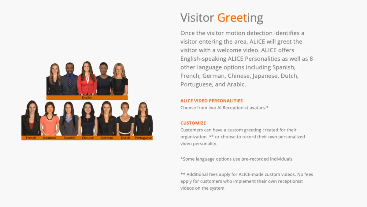 Interface ALICE Receptionist: fonctionnalités, prix, alternatives
