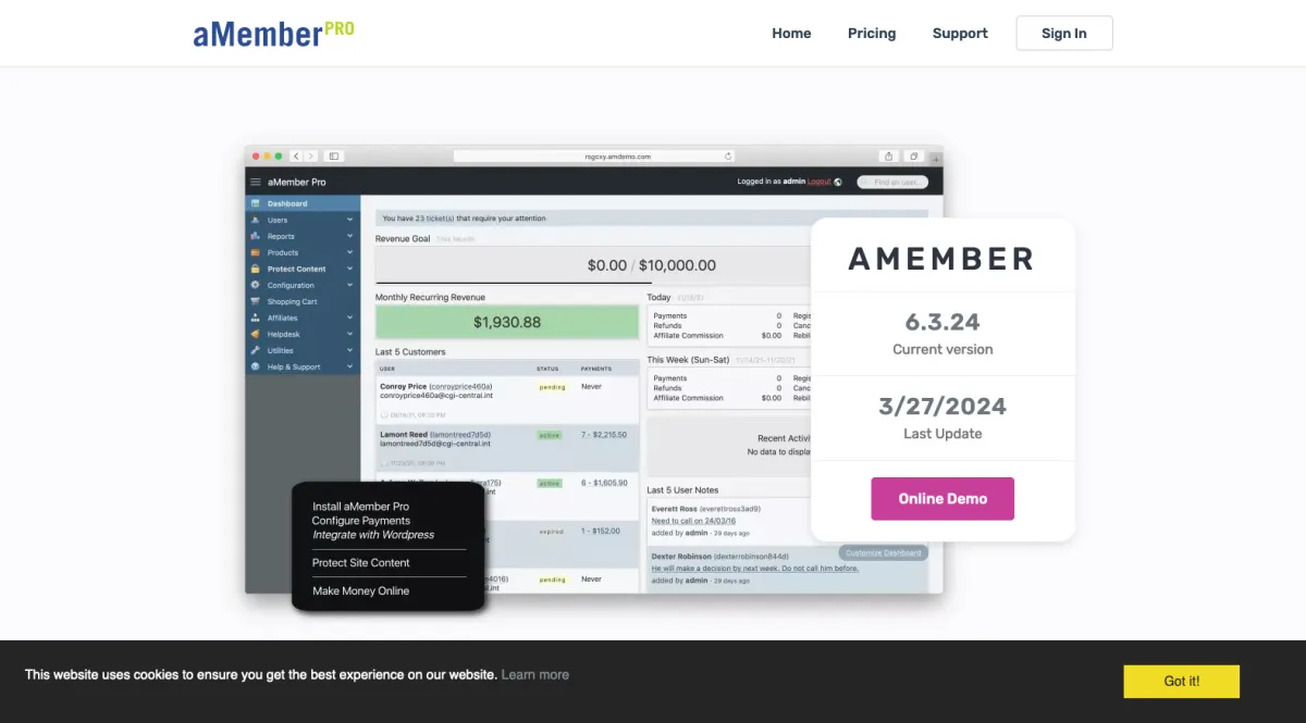 Interface aMember Pro : fonctionnalités, prix, alternatives