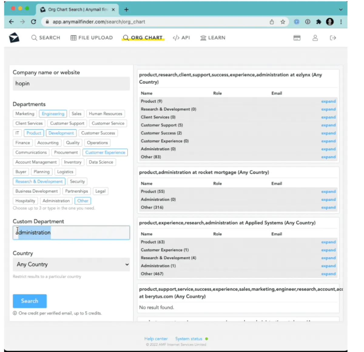 Interface Anymail Finder: fonctionnalités, prix, alternatives