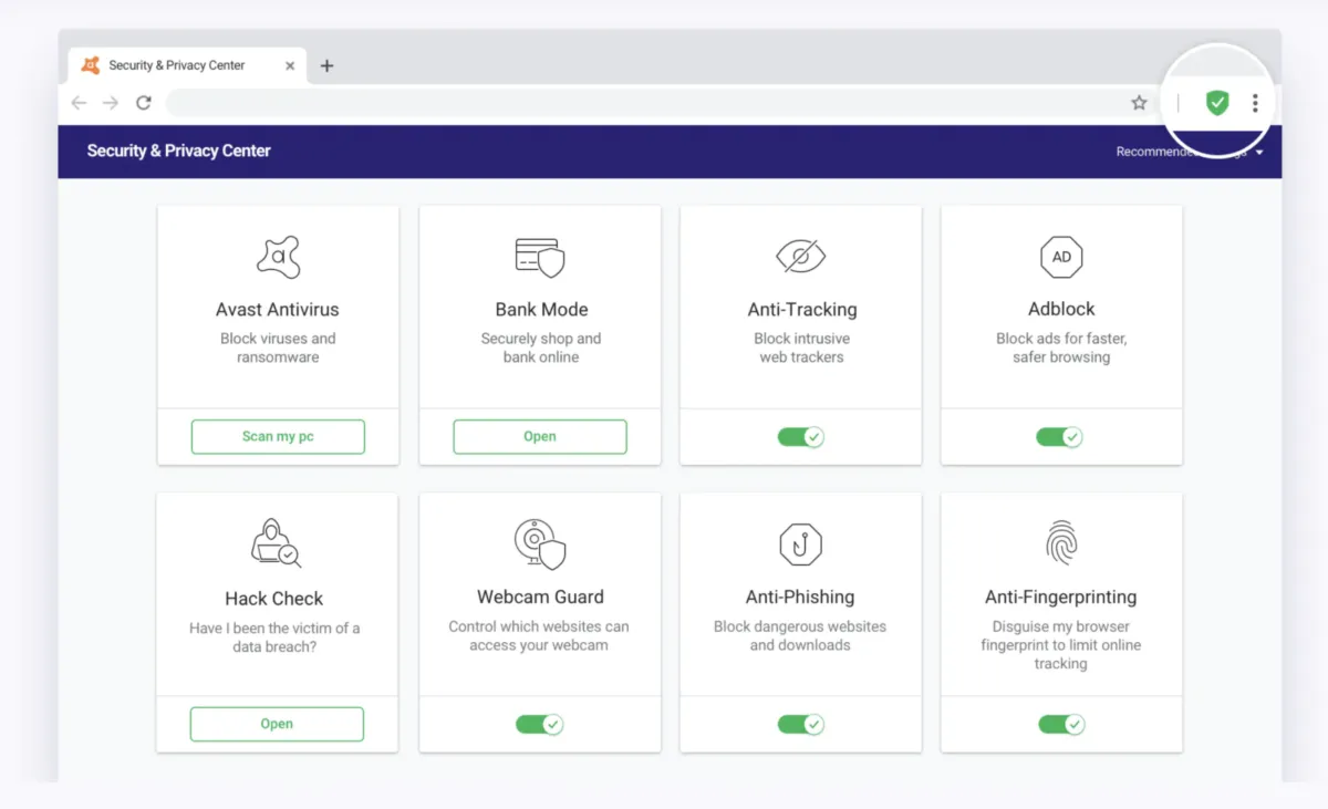 Interface Avast Secure Browser: fonctionnalités, prix, alternatives