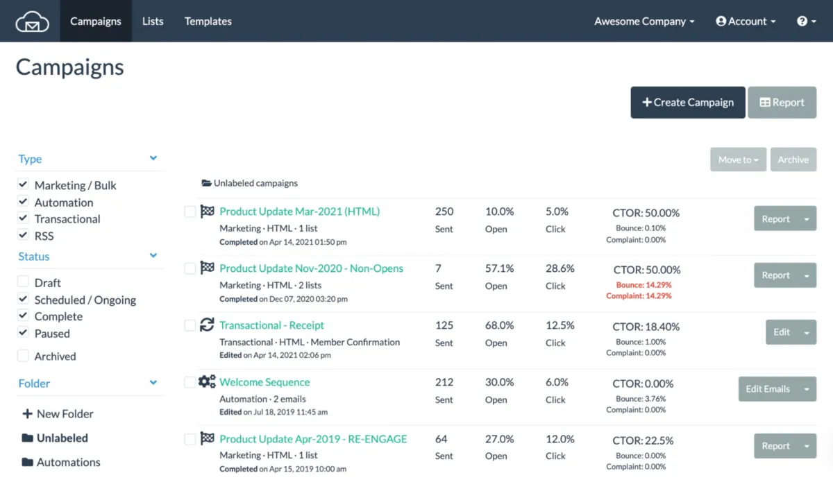 Interface BigMailer: fonctionnalités, prix, alternatives