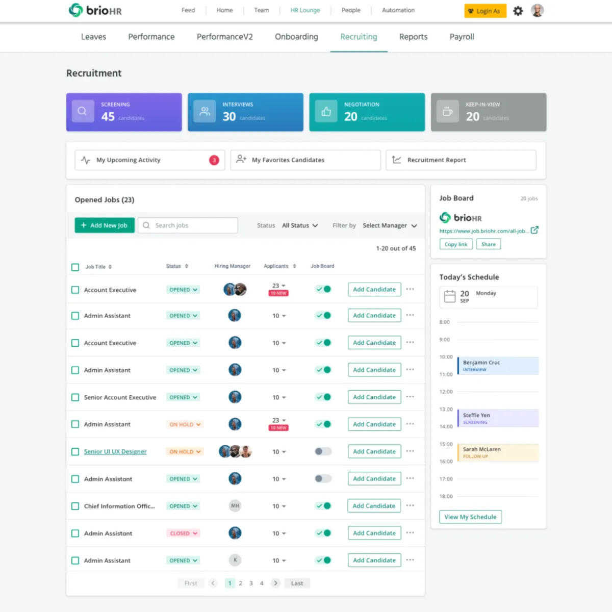 Interface BrioHR: fonctionnalités, prix, alternatives