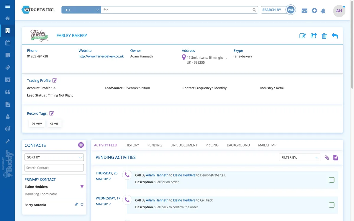 Interface BuddyCRM: fonctionnalités, prix, alternatives