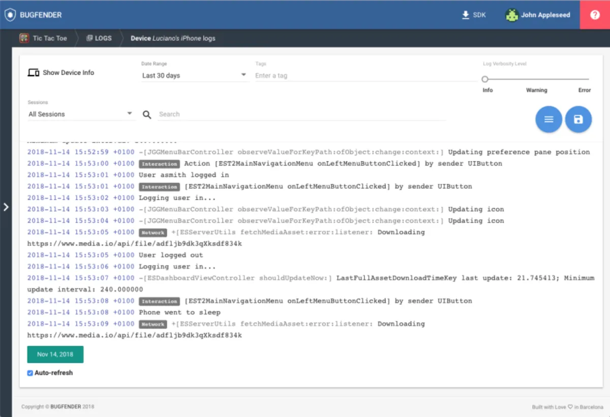 Interface Bugfender: fonctionnalités, prix, alternatives