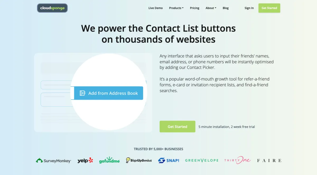 Interface CloudSponge : fonctionnalités, prix, alternatives