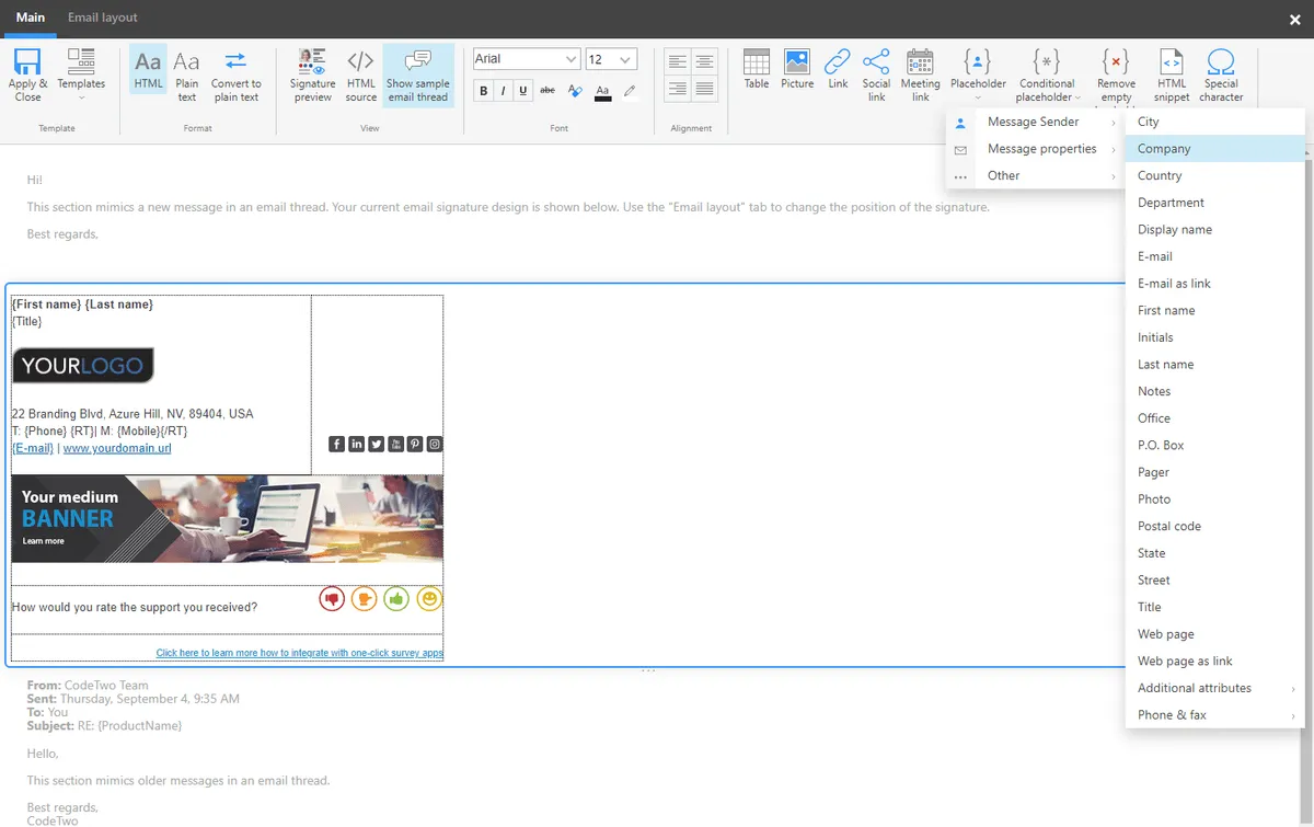 Interface CodeTwo Email Signatures for Office 365: fonctionnalités, prix, alternatives