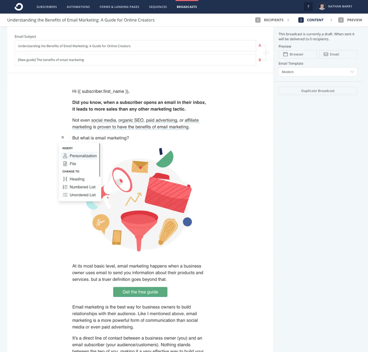 Interface ConvertKit: fonctionnalités, prix, alternatives